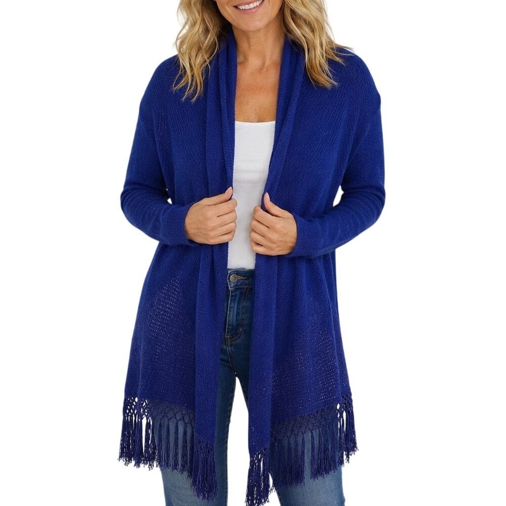 LILLY PULITZER Tatum Long Fringe Hem Open Front Cardigan Medium Blue Purple